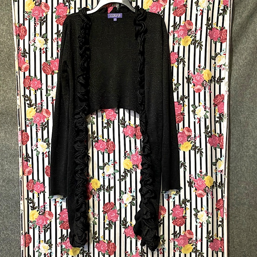 Vivienne Tam black & metallic gold cropped ruffle sweater, women XS